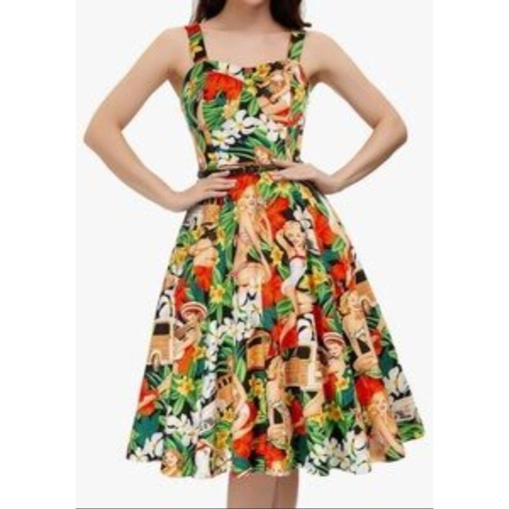 Belle Poque Retro Vtg L Pin Up Dress Hawaiian Floral Unique Car Print Swing Rock